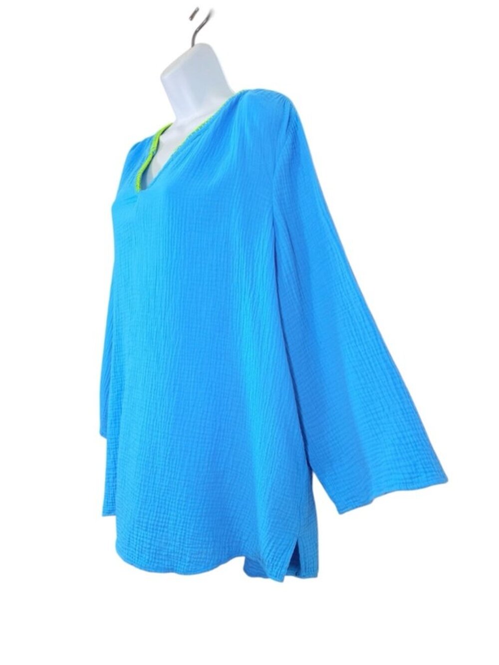 Blue Gauze Tunic Top Neon Stitch Trim XL Boho 100%Cotton - Picture 2 of 6